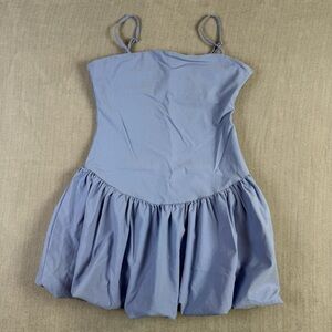 Light Blue Bubble Hem Mini Dress Drop Waist Spaghetti Strap Square Neck